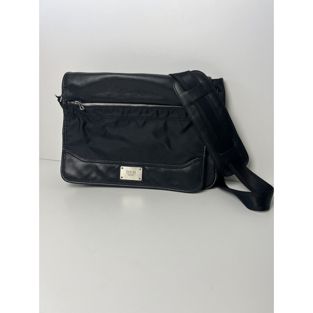 GUESS Mens Black Nylon Faux Leather Messenger Crossbody Laptop Bag Briefcase